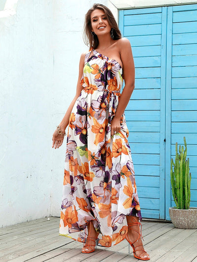 Fiesta Multi Floral Print One Shoulder Maxi Dress - Fashion Genie Boutique
