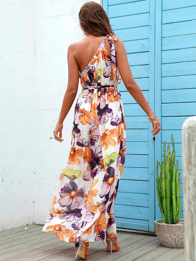 Fiesta Multi Floral Print One Shoulder Maxi Dress - Fashion Genie Boutique