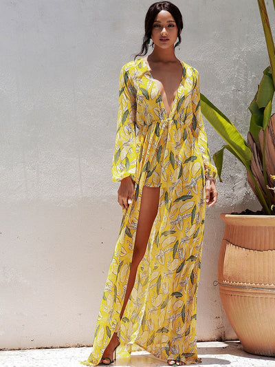 Dressed To Thrill Yellow Dipped Hem Long Sleeve Maxi Dress - Fashion Genie Boutique