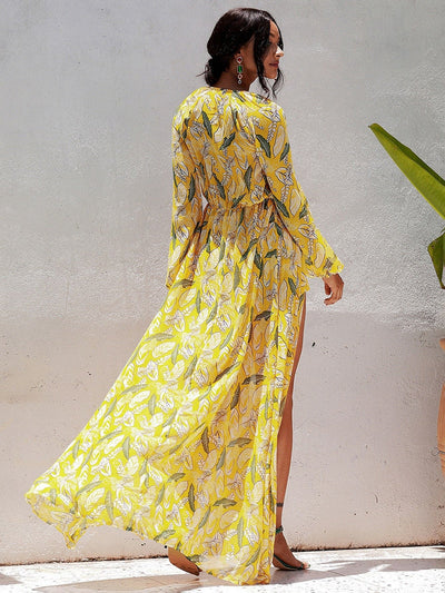 Dressed To Thrill Yellow Dipped Hem Long Sleeve Maxi Dress - Fashion Genie Boutique