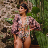 Lexi Pink Print Long Bubble Sleeve Monokini Swimsuit - Fashion Genie Boutique