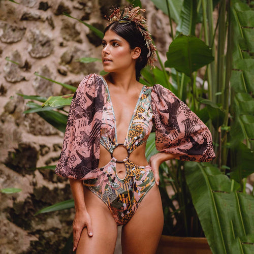 Lexi Pink Print Long Bubble Sleeve Monokini Swimsuit - Fashion Genie Boutique