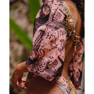 Lexi Pink Print Long Bubble Sleeve Monokini Swimsuit - Fashion Genie Boutique