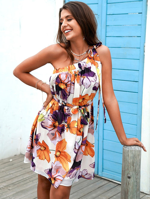 Margarita Multi Floral Print One Shoulder Mini Dress - Fashion Genie Boutique