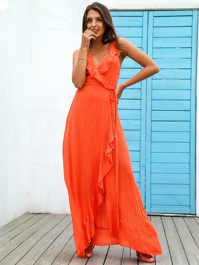 Angel Orange Ruffle Wrap Maxi Dress - Fashion Genie Boutique