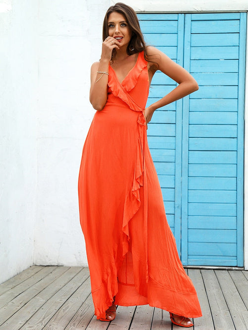 Angel Orange Ruffle Wrap Maxi Dress - Fashion Genie Boutique