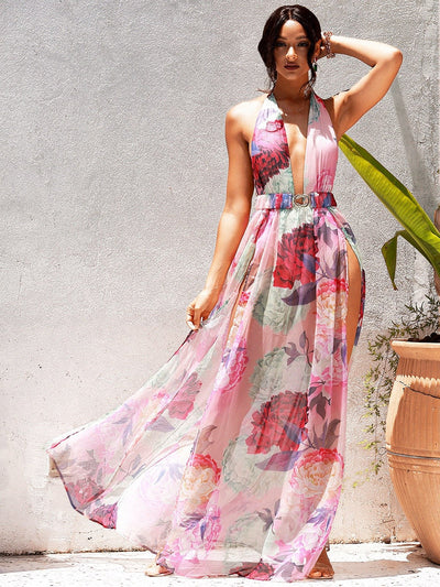 Designer Days Print Floral Print Double Split Maxi Dress - Fashion Genie Boutique