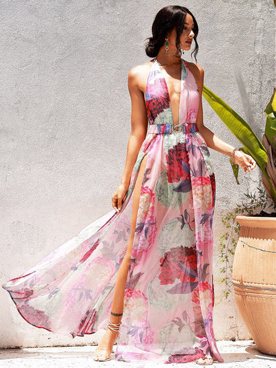 Designer Days Print Floral Print Double Split Maxi Dress - Fashion Genie Boutique