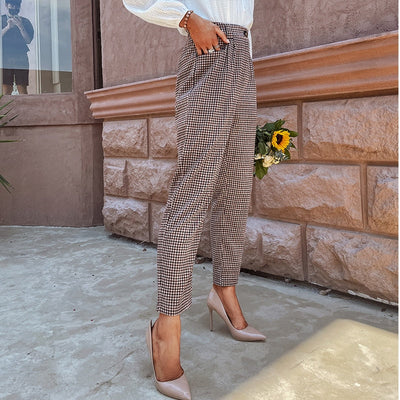 Go On Brown High Waist Checked Trousers - Fashion Genie Boutique