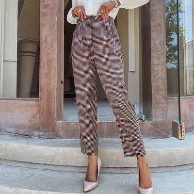 Go On Brown High Waist Checked Trousers - Fashion Genie Boutique
