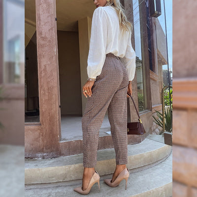 Go On Brown High Waist Checked Trousers - Fashion Genie Boutique