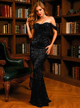 Shimmer Here Black Bardot Sequin Fishtail Maxi Dress - Fashion Genie Boutique
