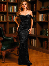 Shimmer Here Black Bardot Sequin Fishtail Maxi Dress - Fashion Genie Boutique