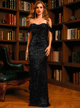 Shimmer Here Black Bardot Sequin Fishtail Maxi Dress - Fashion Genie Boutique
