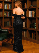 Shimmer Here Black Bardot Sequin Fishtail Maxi Dress - Fashion Genie Boutique