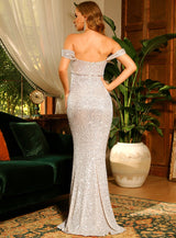 Shimmer Here Silver Bardot Sequin Fishtail Maxi Dress - Fashion Genie Boutique