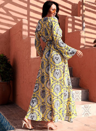 Eliza Yellow Paisley Print Long Sleeve Maxi Dress - Fashion Genie Boutique