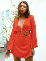 Sultry Nights Red Long Sleeve Cut Out Mini Dress - Fashion Genie Boutique
