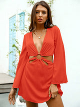 Sultry Nights Red Long Sleeve Cut Out Mini Dress - Fashion Genie Boutique