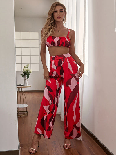 Estella Red Print Crop Top & Trousers Co-Ord - Fashion Genie Boutique