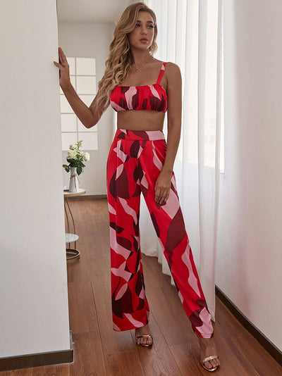 Estella Red Print Crop Top & Trousers Co-Ord - Fashion Genie Boutique