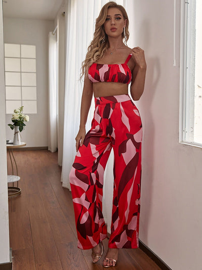 Estella Red Print Crop Top & Trousers Co-Ord - Fashion Genie Boutique