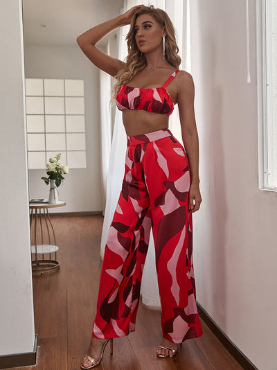 Estella Red Print Crop Top & Trousers Co-Ord - Fashion Genie Boutique