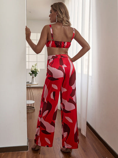 Estella Red Print Crop Top & Trousers Co-Ord - Fashion Genie Boutique