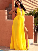 Narnia Dream Yellow Plunge High Split Maxi Dress - Fashion Genie Boutique