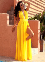 Narnia Dream Yellow Plunge High Split Maxi Dress - Fashion Genie Boutique