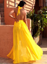 Narnia Dream Yellow Plunge High Split Maxi Dress - Fashion Genie Boutique