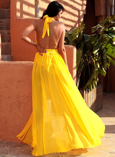 Narnia Dream Yellow Plunge High Split Maxi Dress - Fashion Genie Boutique