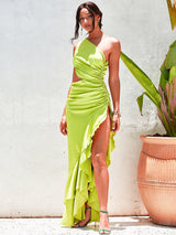 In Your Dreams Green One Shoulder Split Maxi Dress - Fashion Genie Boutique