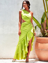 In Your Dreams Green One Shoulder Split Maxi Dress - Fashion Genie Boutique