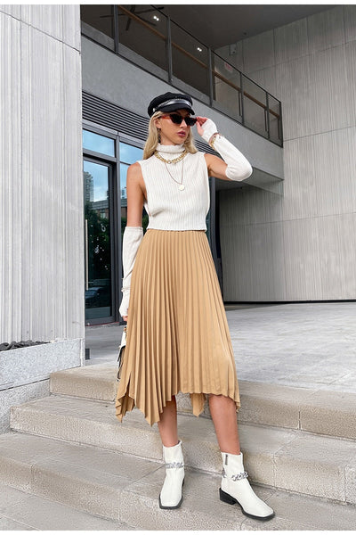 Vanity Fair Khaki Pleated Midi Skirt - Fashion Genie Boutique