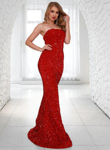 Red Carpet Red Strapless Sequin Fishtail Maxi Dress - Fashion Genie Boutique