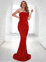 Red Carpet Red Strapless Sequin Fishtail Maxi Dress - Fashion Genie Boutique