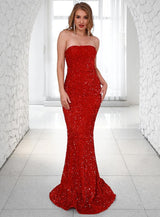 Red Carpet Red Strapless Sequin Fishtail Maxi Dress - Fashion Genie Boutique