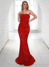 Red Carpet Red Strapless Sequin Fishtail Maxi Dress - Fashion Genie Boutique