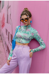 Brenda Green Floral Long Sleeve Crop Top - Fashion Genie Boutique