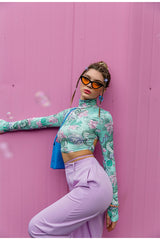 Brenda Green Floral Long Sleeve Crop Top - Fashion Genie Boutique