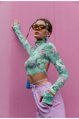 Brenda Green Floral Long Sleeve Crop Top - Fashion Genie Boutique
