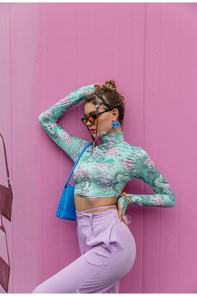 Brenda Green Floral Long Sleeve Crop Top - Fashion Genie Boutique