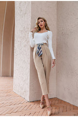 Becky Khaki High Waisted Cropped Trousers - Fashion Genie Boutique