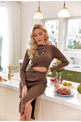 Drawn To You Brown Knitted Long Sleeve Midi Dress - Fashion Genie Boutique