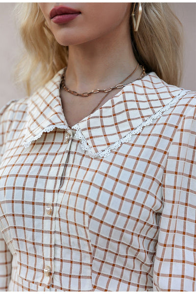 Dorina Cream Gingham Long Sleeve Mini Dress - Fashion Genie Boutique