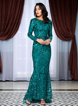 Forever Flawless Green Sequin Long Sleeve Maxi Fishtail Gown Dress - Fashion Genie Boutique