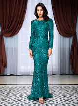 Forever Flawless Green Sequin Long Sleeve Maxi Fishtail Gown Dress - Fashion Genie Boutique