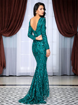 Forever Flawless Green Sequin Long Sleeve Maxi Fishtail Gown Dress - Fashion Genie Boutique