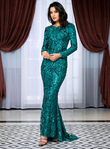 Forever Flawless Green Sequin Long Sleeve Maxi Fishtail Gown Dress - Fashion Genie Boutique